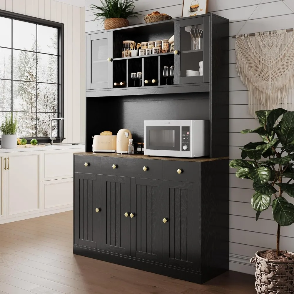 

71" Tall 4-Door Kitchen Pantry Cabinet with Built-in Power Outlet- Freestanding Storage Hutch, Large Microwave Cabinet, Modern F