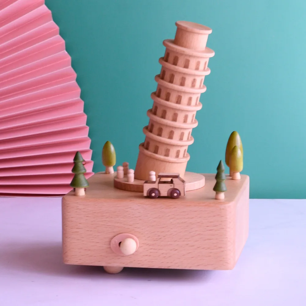 European wooden music box Leaning Tower of Pisa architectural model music box travel souvenir holiday gift