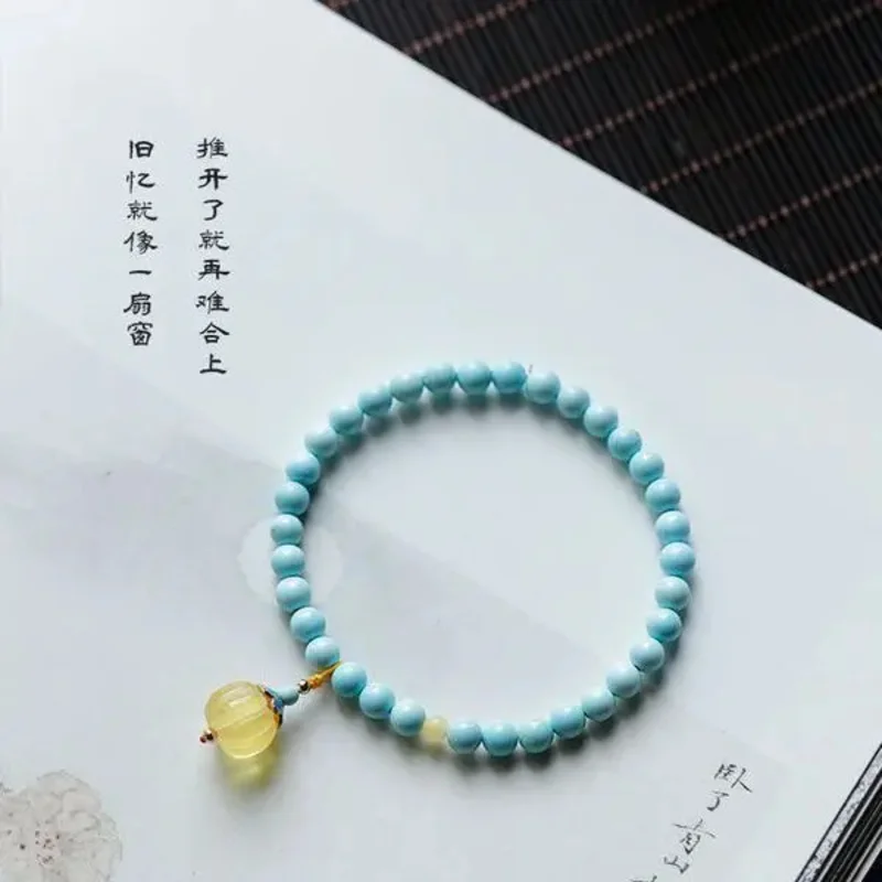 Pulsera azul turquesa de porcelana alta Natural, sin optimización para enviar a novia, cera de abeja, calabaza, cuerda de mano delgada blanca