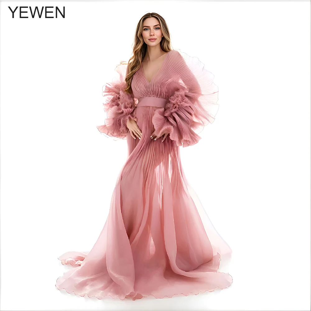 V Neck Pleated Organza Maternity Dresses for Photoshoot Pregnancy Long Dress for Maternity Shoot Baby Shower Dresses YW243116