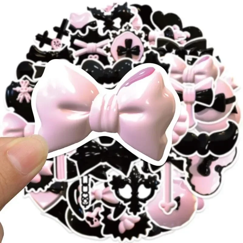 10/25/50pcs Cartoon Black Pink 3D Bow Tie Sticker Graffiti Waterproof Stickers