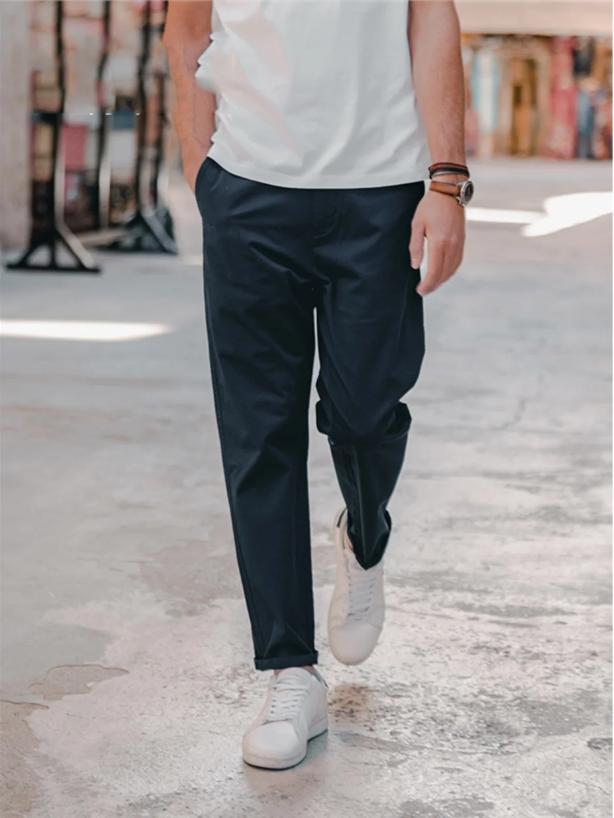 

Men's Casual Cotton Elastic Waist Pants Waed Nine Points Straight Leg Trousers Spring Autumn Faion Workwear Pure Color