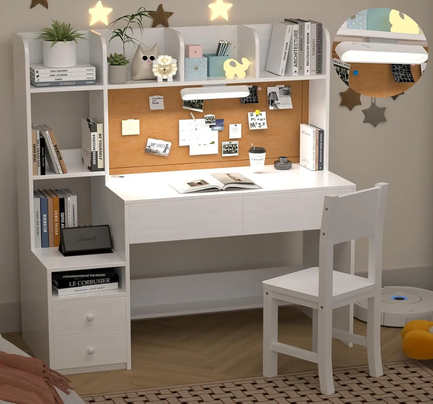 

43 inch Kids Study Desk and Chair Set with Storage Hutch and LED Light, White Girls Desk with 4 Drawers for Child's Bedroom, Ide