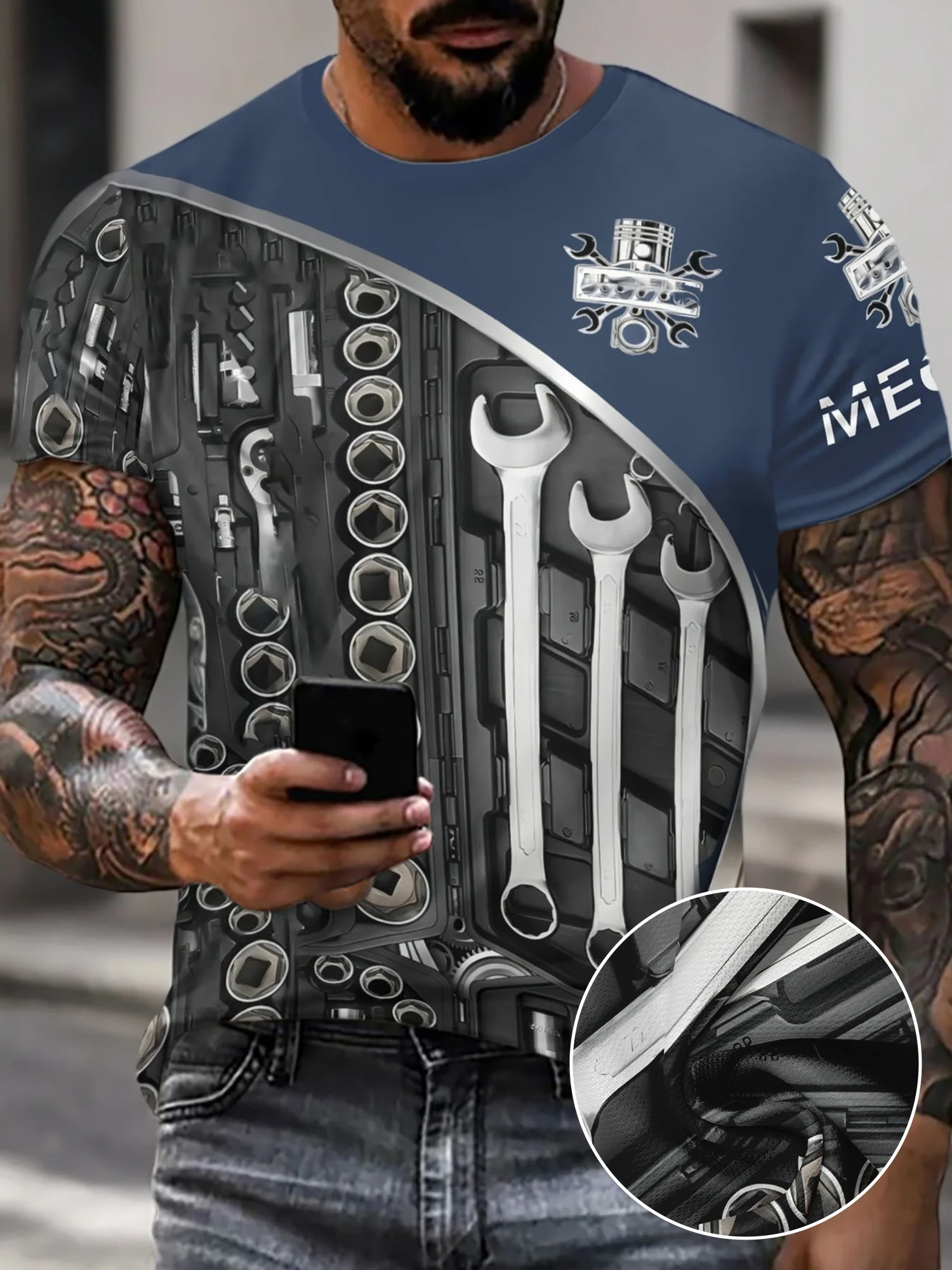 Men Mechanic Tools T-Shirt, Wrench Socket Engine Piston Print Short Sleeve Crew Neck Graphic Tee for Car Repair Lovers