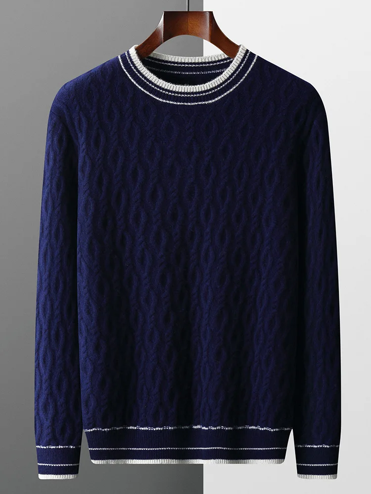 Autumn Winter Sweater Pullover Clothing 100% Merino Wool Basic Men's Sweater Casual Thicked Warm O-Neck Colorblock Jacquard Knit
