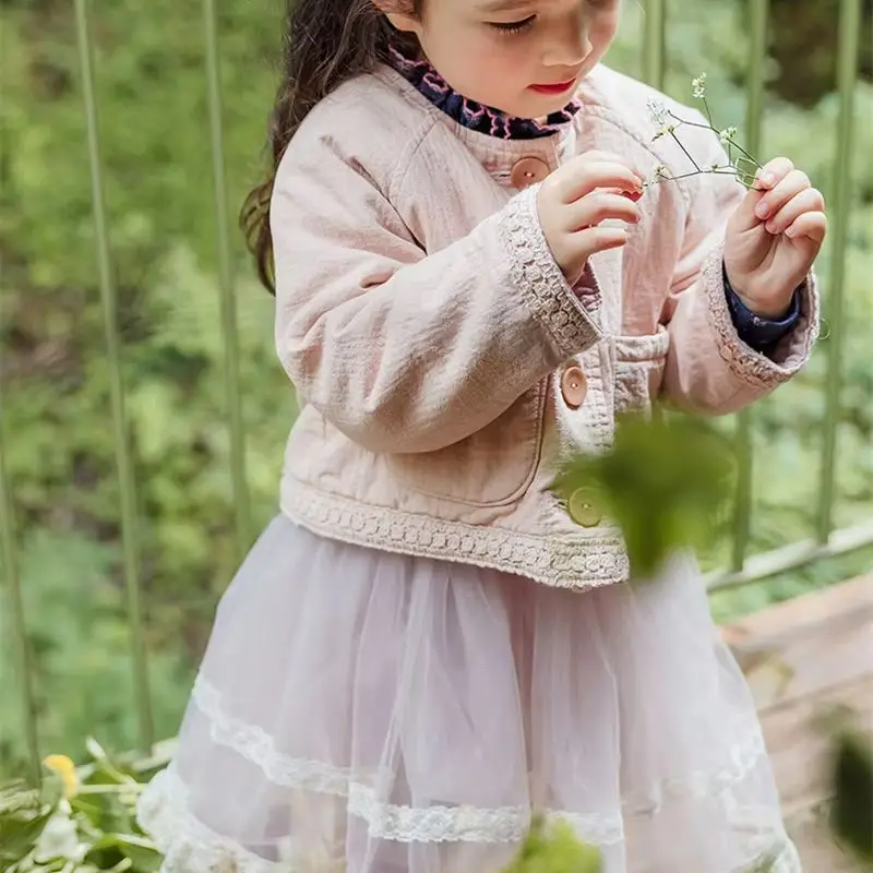 

Spring Children Clothes Babay Girl Coat Kids Lace trim casual solid color rotator cuff short 1-12 Years Jacket