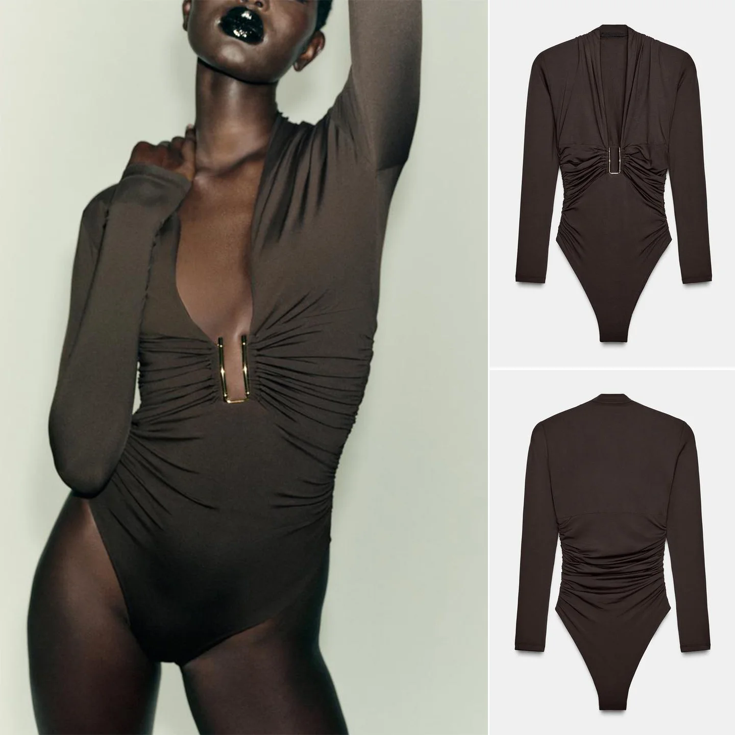 

Sexy Winter New Women's Long Sve V-Ne Metal Accory Folded One-Piece Suit High Waist Straight Tube Commute Sle Polye...