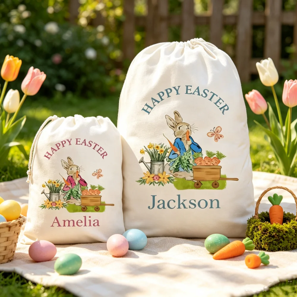 1Pc Personalized Customized Name/Text Easter Party Theme Imitation Hemp Gift Bag Drawstring Closure Storage Bag, Easter Egg Bags