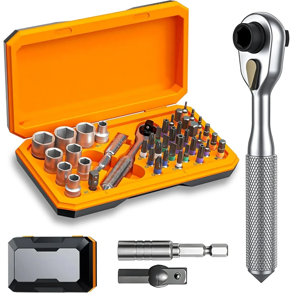 

Набор торцевых отверток с храповым механизмом 42 в 1, 70 Н. Динамометрический момент м, ключ с храповым механизмом на 72 зубца, стальное сверло S2 и втулка Cr-V — портативный для