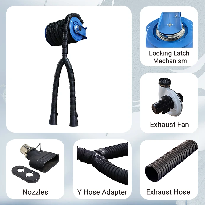 Dual Pipe Ends Exhaust Hose Reel Spring Vehicle Extraction
