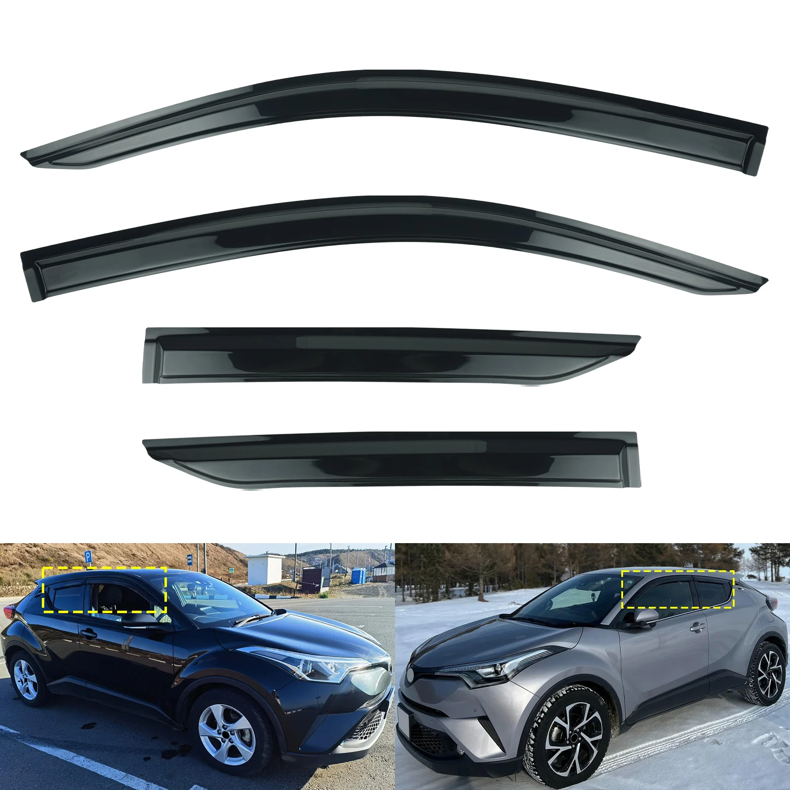 4pcs Black Front Window Wind Rain Sun Deflectors Protector Guard Sheet ABS Plastic For Toyota C-HR 2016-2023