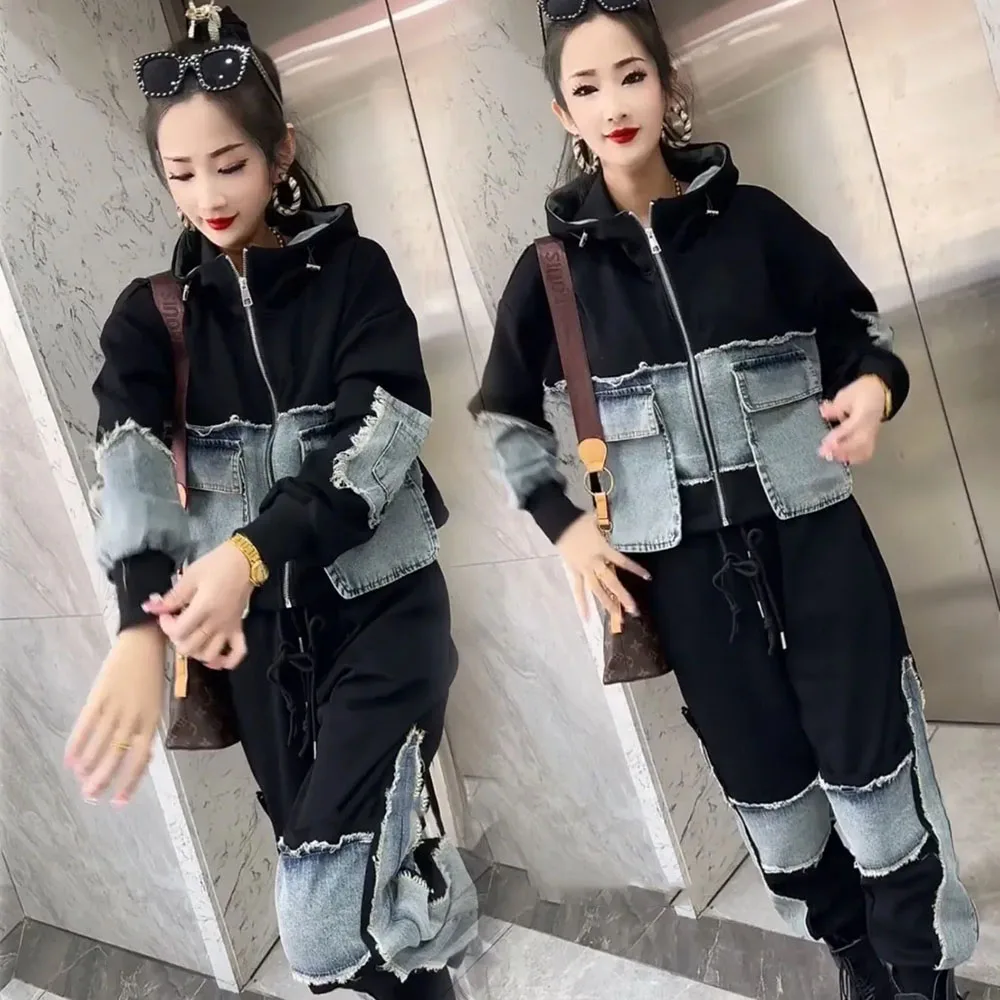 Autumn Denim Women\'s Pant Set Splice Fashion Loose Oversized Hooded Jacket + Pencil Jeans Two Piece Sets 6XL Trousers Suits 2024