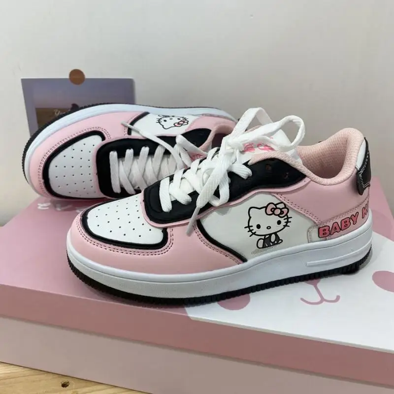 Süße Hello Kitty Damen Sportschuhe Sanrios Leder Board Schuhe Anime Kt Druck Sneakers Cartoon Mode Kawaii Freizeitschuhe