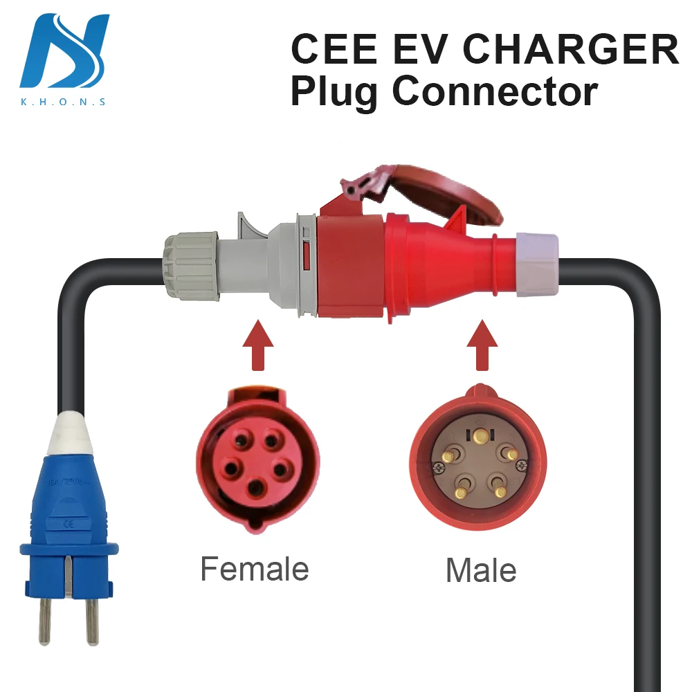 Khons EV Charger แบบพกพา SCHUKO ปลั๊ก CEE สีแดง Power หญิงปลั๊กอะแดปเตอร์ Blue CEE เชื่อมต่อ 32A 16A 3 เฟส 22KW 11KW