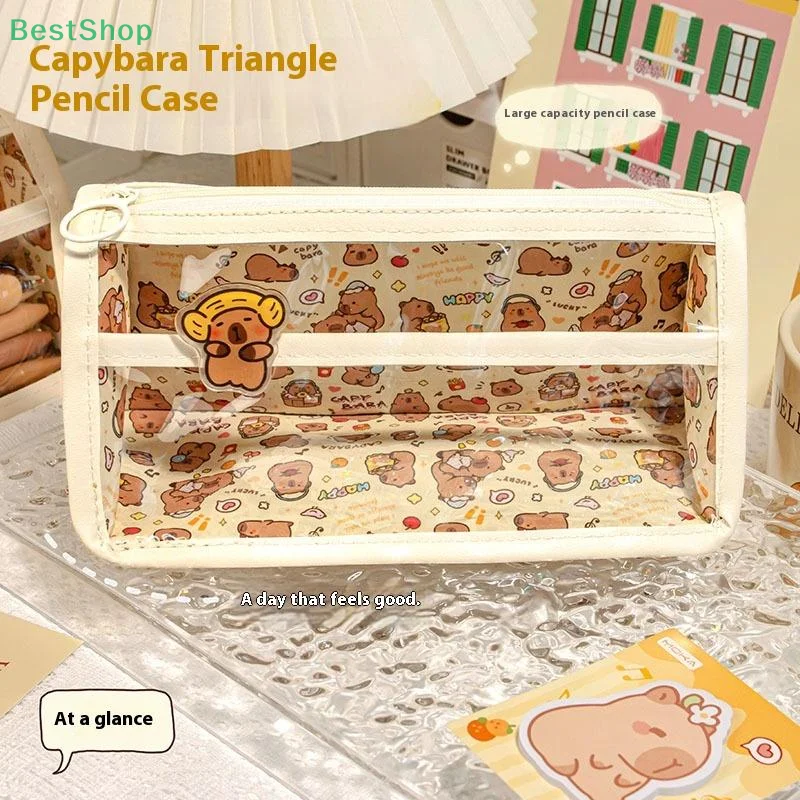 Tas Pena Kapibara Kapasitas Besar PVC Alas Segitiga Tahan Air Transparan Organizer Alat Tulis Hadiah Untuk Pelajar Kantor Rumah
