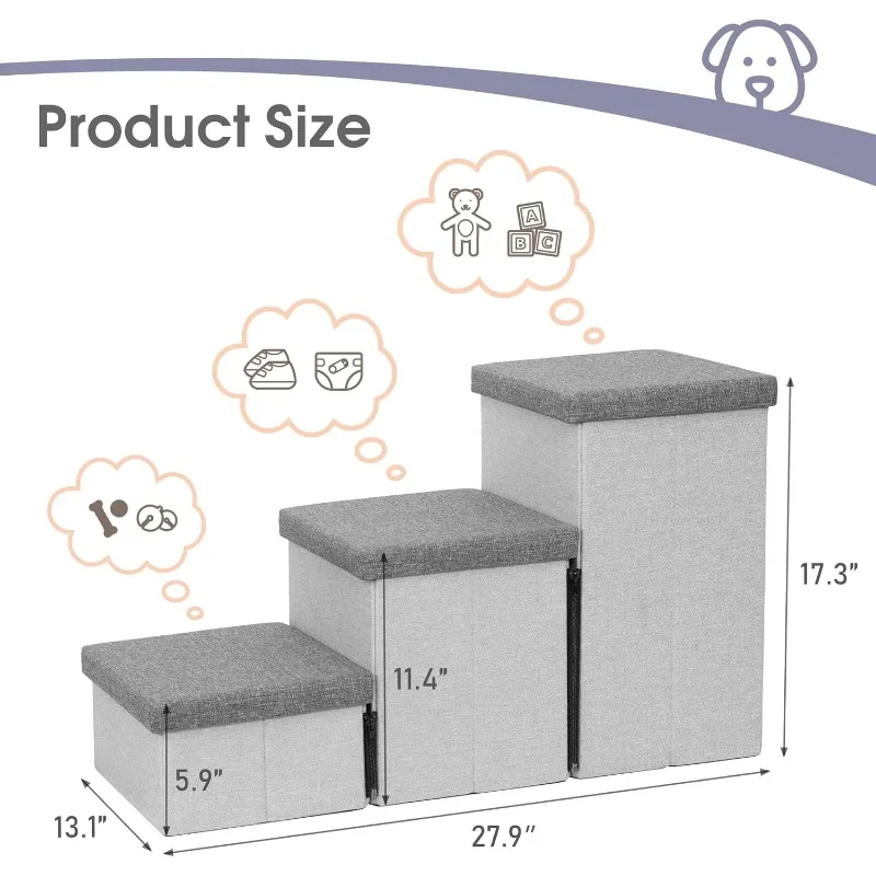 

Dog Stairs with Storage, Foldable Dog Steps for Small Dogs, 3 Tiers Non-Slip Pet Stairs for High Beds Or Couch and Sofa