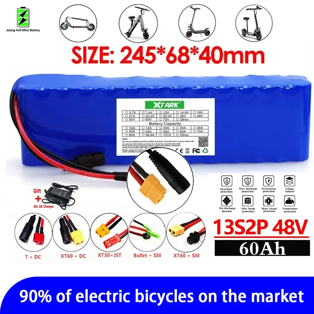 

13S2P XT60 48V 60Ah 1000w 48V Lithium ion Battery Pack 60000mah For 54.6v E-bike Electric bicycle Scooter with BMS+charger