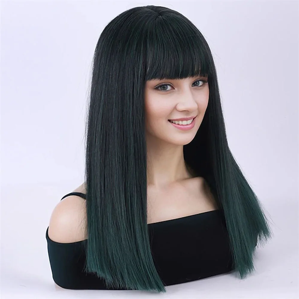 short Long straight bob synthetic hair wig women's wigs with Straight Bangs Capless wigs