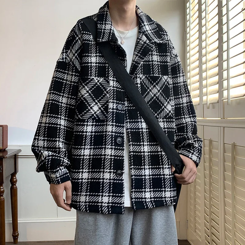 Autumn Plaid Pattern Shirt Black and White Cardigan Jacket Diamond Check Pocket Shirt Single-breasted Thick Coat Korean Style