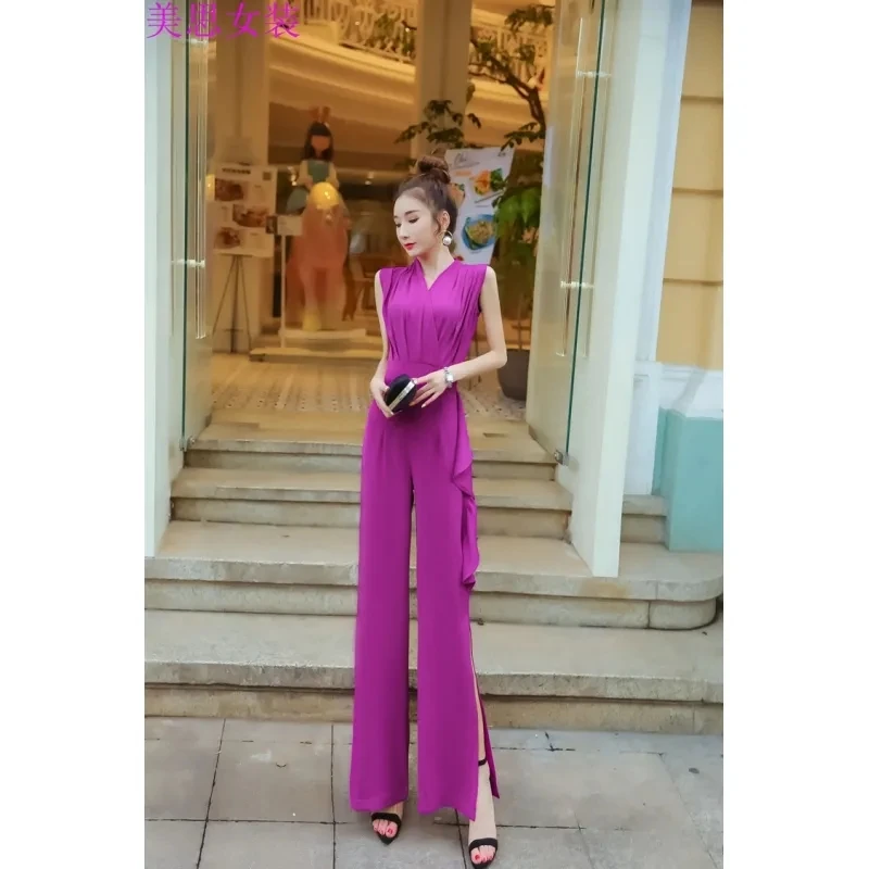 Fashion age-reducing ruffled jumpsuit women's high waist slim wide leg pants pants jumpsuit summer new style.