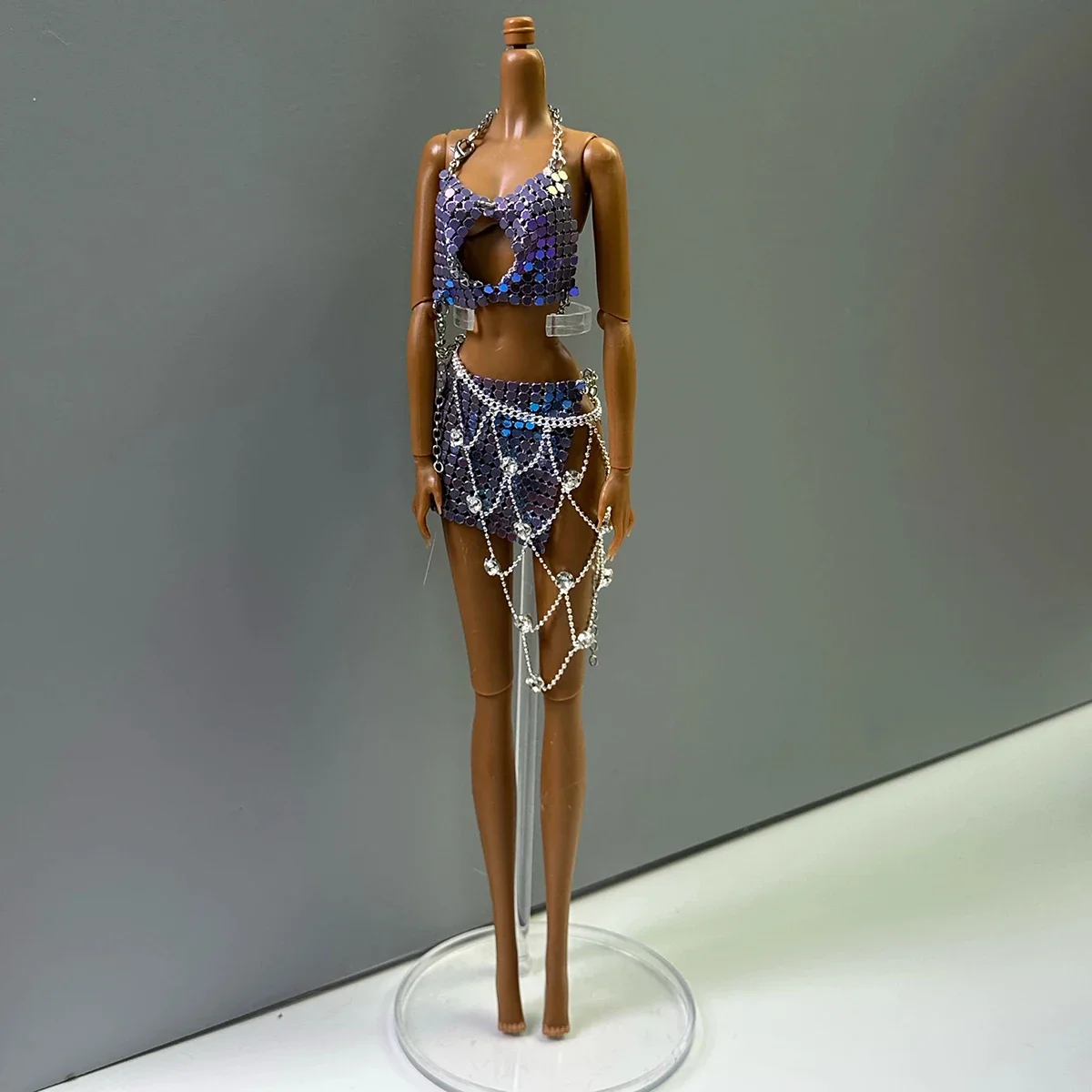Original Design Purple Openwork Vest+Metal Sequins Short Skirt+Luxury Waist Chain Set For 1/6 Babi Supermodel Doll Clothes Parts