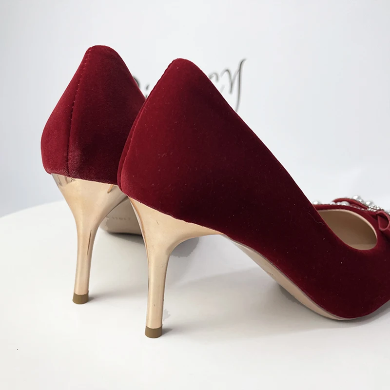 Rimocy Sexy Red Velvet Wedding Shoes for Women 2022 Luxury Pearl Bowknot Pointed Toe Pumps Woman Stiletto High Heels Dress Shoes