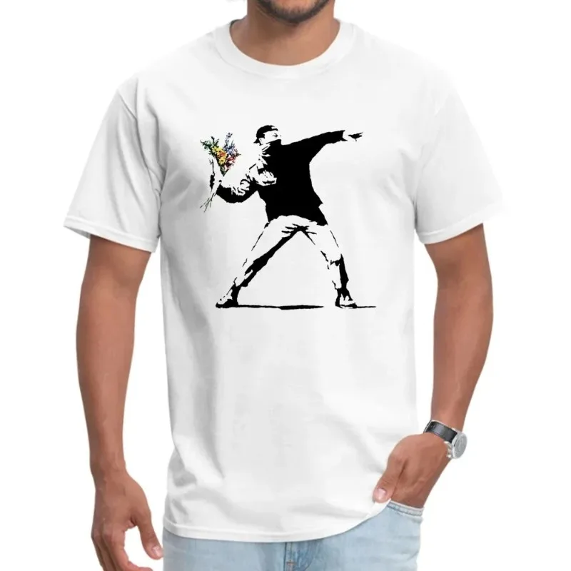 Swag Banksy Flower Thrower Men\'s Printed T-shirt Cotton Fabric Men T-shirt Novelty Street Art Designer Fashion T-shirt Plus Size