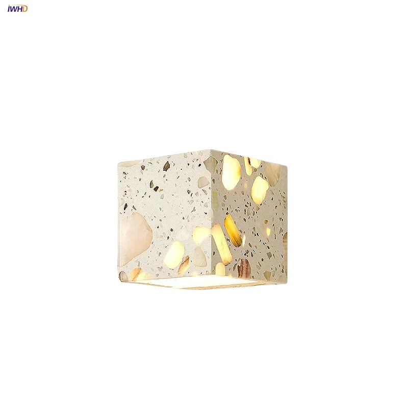 

IWHD Japan Style LED Wall Light Fixture Bedroom Balcony Hallway Wabi Sabi Outdoor Waterproof Square Terrazzo Bedside Lamp Lampen