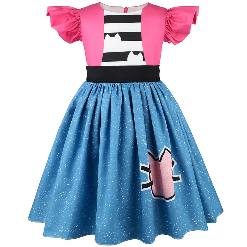 

Girls Dollhouse Ruffle Sleeves Striped Cat Print Dress For Toddler Kids Halloween Christmas Birthday Party Gabby Dress Up Outfit