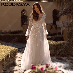 RODDRSYA Customized V-Neck Civil Wedding Gowns Puff Sleeves Backless Applique Bride Dress For Women Sweep Train Wedding Dress