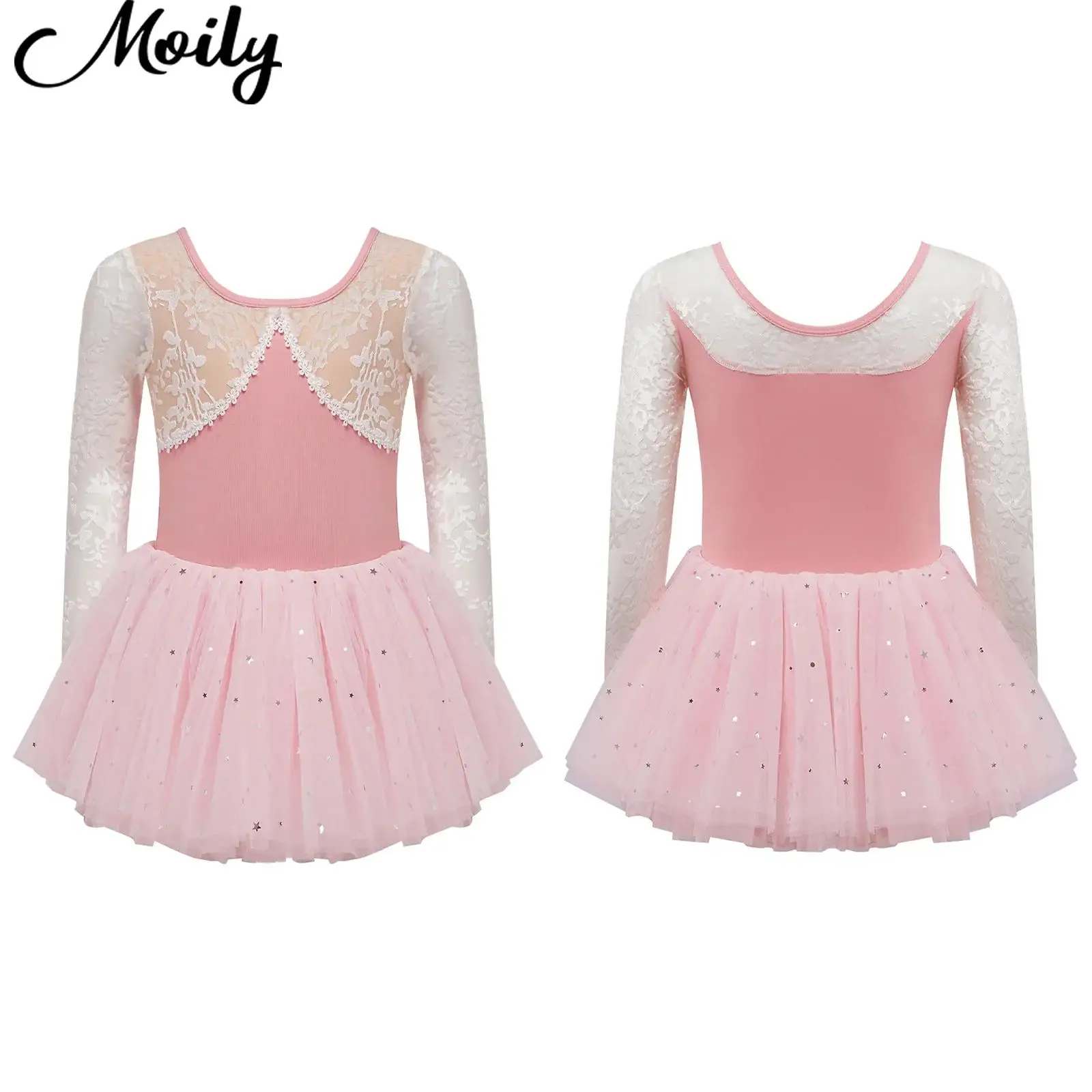 

Toddler Girls Ballet Dance Performance Outfit Long Sleeve Lace Trim Mesh Jacquard Leotard+Layered Skirt Competition Dancewear