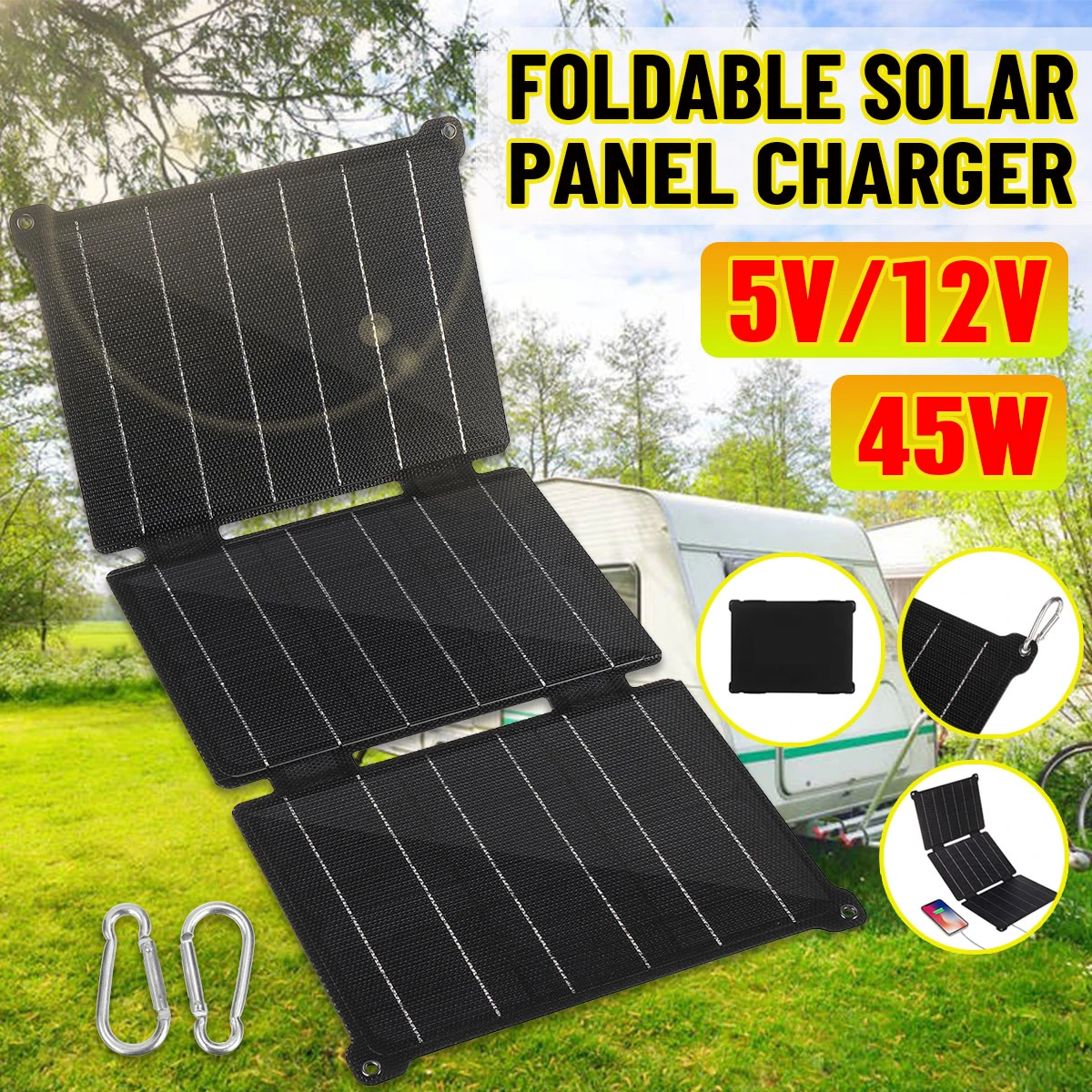 45W 5V/12V Portable Folding Solar Panel Type-c USB+DC Output Solar Charger Outdoor Power Supply for Mobile Phone Power Generator