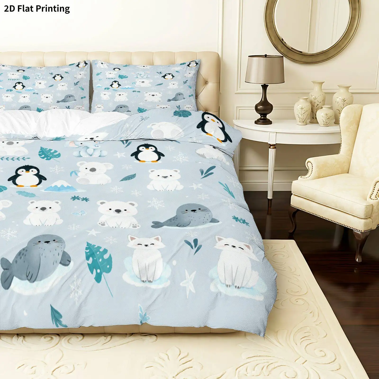 2D ultra-soft digital print duvet cover set, includes three-piece set with pillowcases and duvet cover, featuring penguin and polar bear designs. The fabric is soft and comfortable, suitable for bedrooms, hotels, prestigious hotels, and school dormitories. 1*duvet cover + 1/2 pillowcase