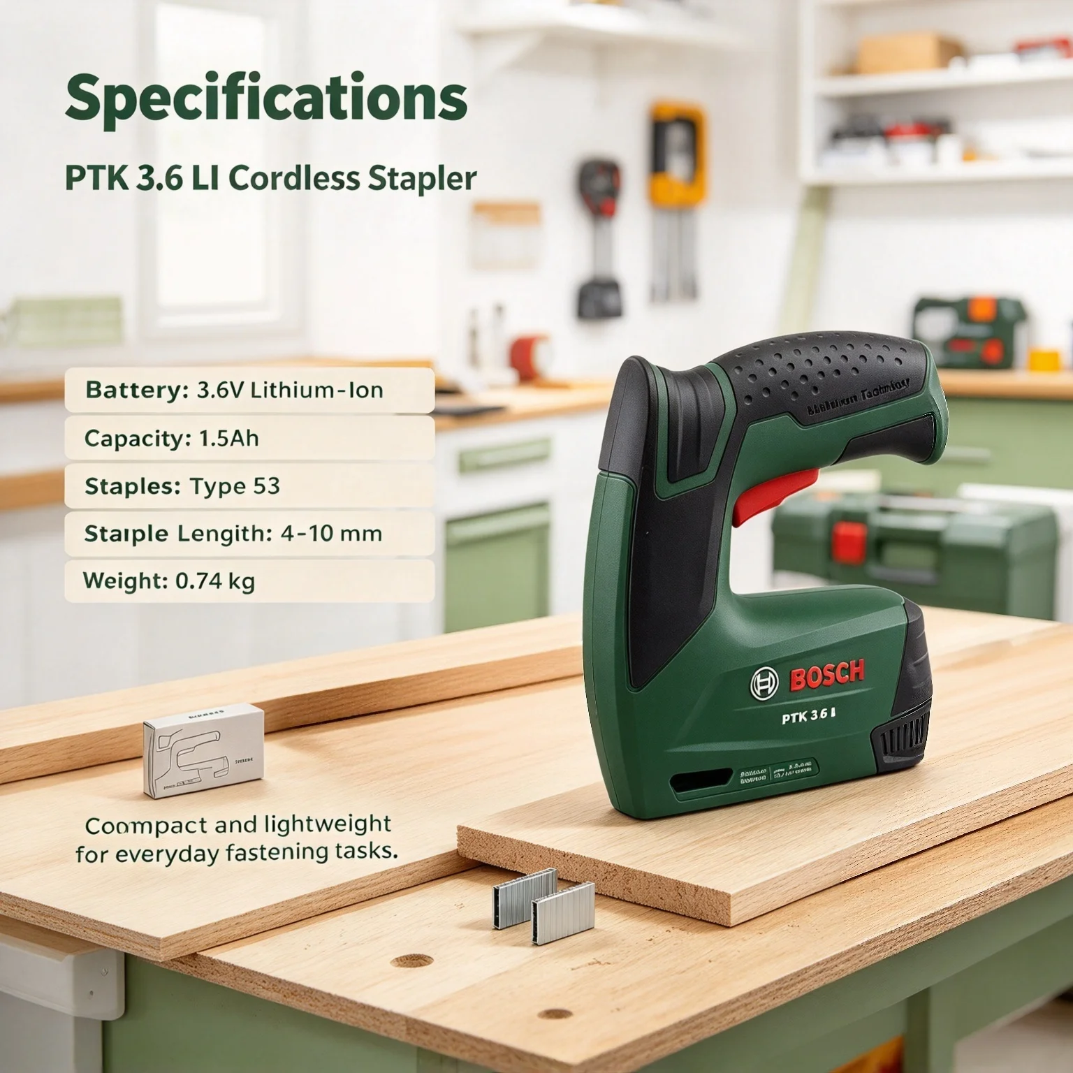 Bosch PTK 3.6 LI Cordless Staple Tacker 3.6V Rechargeable Staple Gun for Woodworking Upholstery & Picture Framing DIY Projects