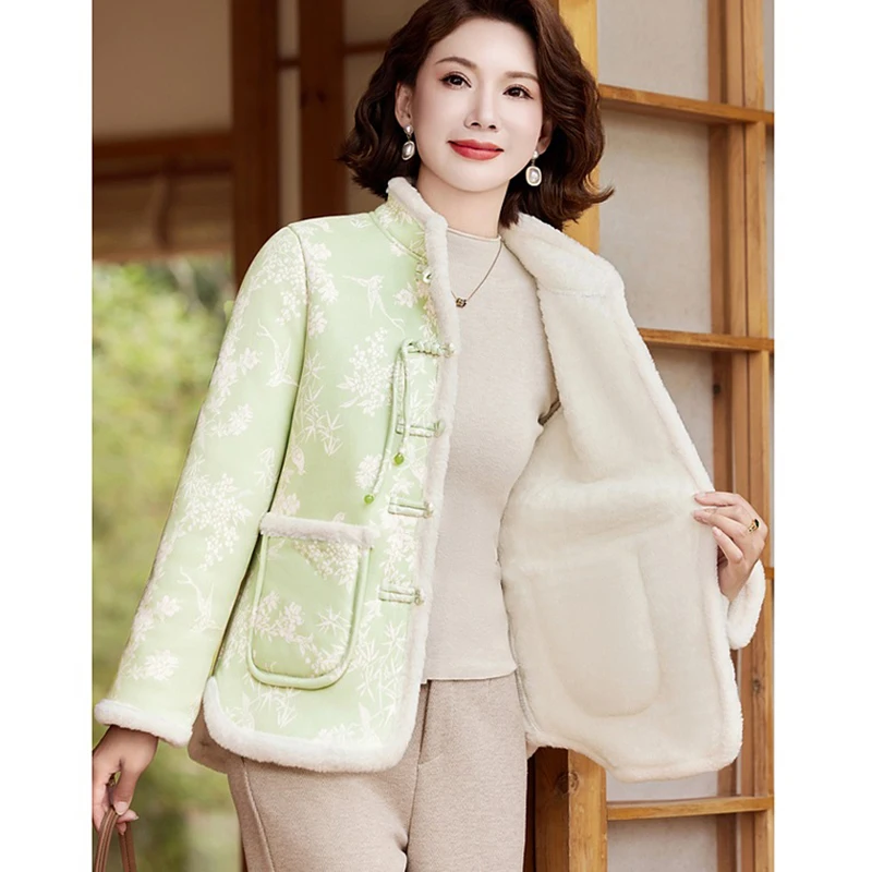 2025 المرأة النمط الصيني طباعة سترة قطن مبطنة بالصوف سميكة الدافئة طويلة الأكمام معطف الشتاء المألوف الأم أبلى 2025