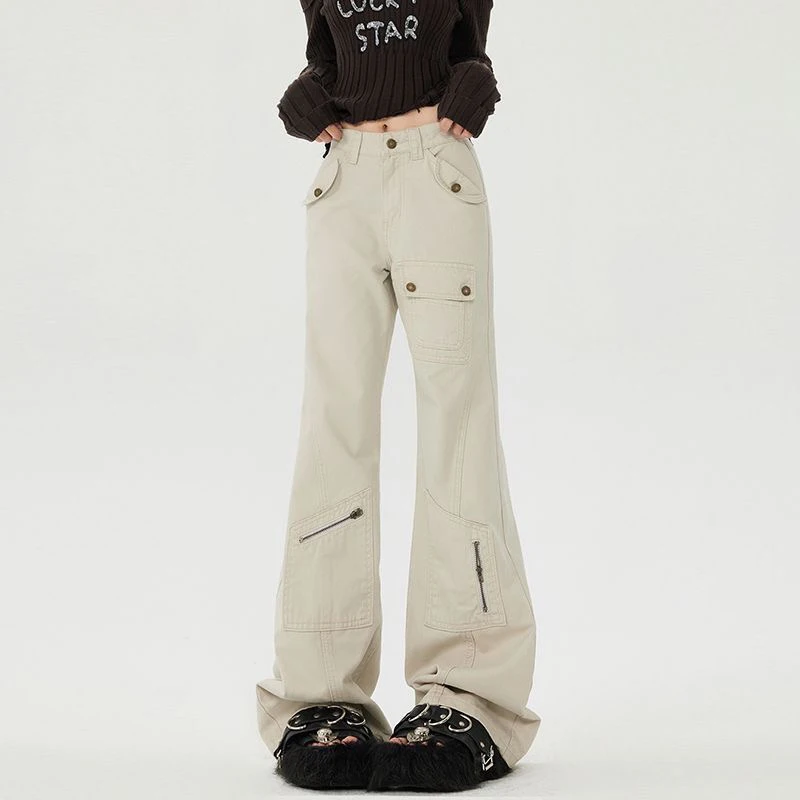 Cargo Pants Womens Punk Summer Canvas Mesh Spliced Wide-legged Resort Ventilate Vacation Airy Pocketed Suitable Lightweight Sexy