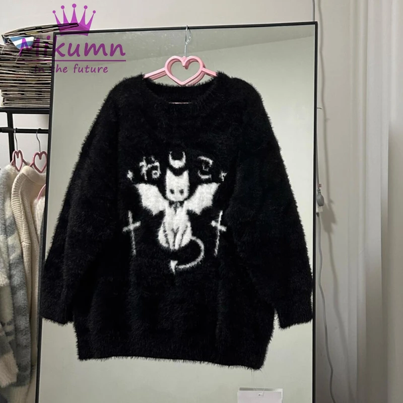 Harajuku Gothic Y2k Cute Cartoon Devil Cat Black Sweater With Cat Ear Scarf Hooded Women Knitted Pullover Winter Warm Streetwear