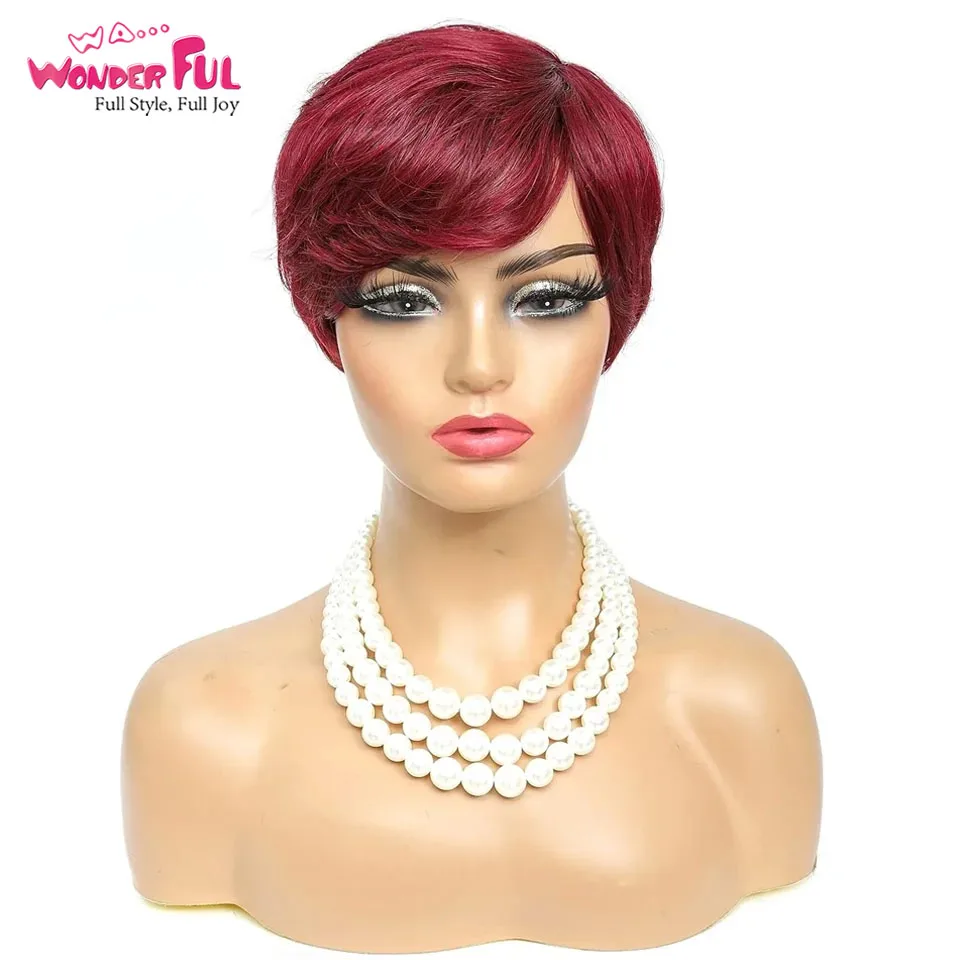 Red Burgundy 99J Color Short Bob Pixie Cut Wig With Bangs Straight 100% Remy Human Hair Wigs For Women Full Machine Made Wig