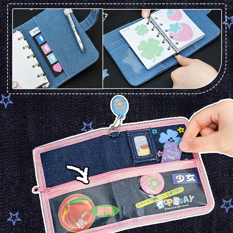 Ins Y2K Style Clover Denim M5 Loose leaf Handmade Notebook Retro Mini Portable DIY Binder Notebook for Girls
