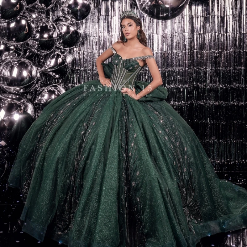 

Черновато-зеленые блестящие платья Quinceanera с открытыми плечами, расшитые бисером и кристаллами, бантом, тюлевым корсетом, бальное платье Vestidos De 15 Anos Sweet 16