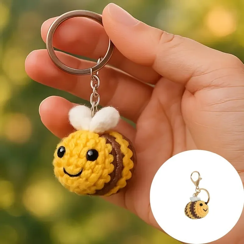 작은 벌 정교한 플러시 키체인 신기하고 귀여운 뜨개질 작은 벌 펜던트 카와이 미니 벌 펜던트 자동차 백팩 키링용