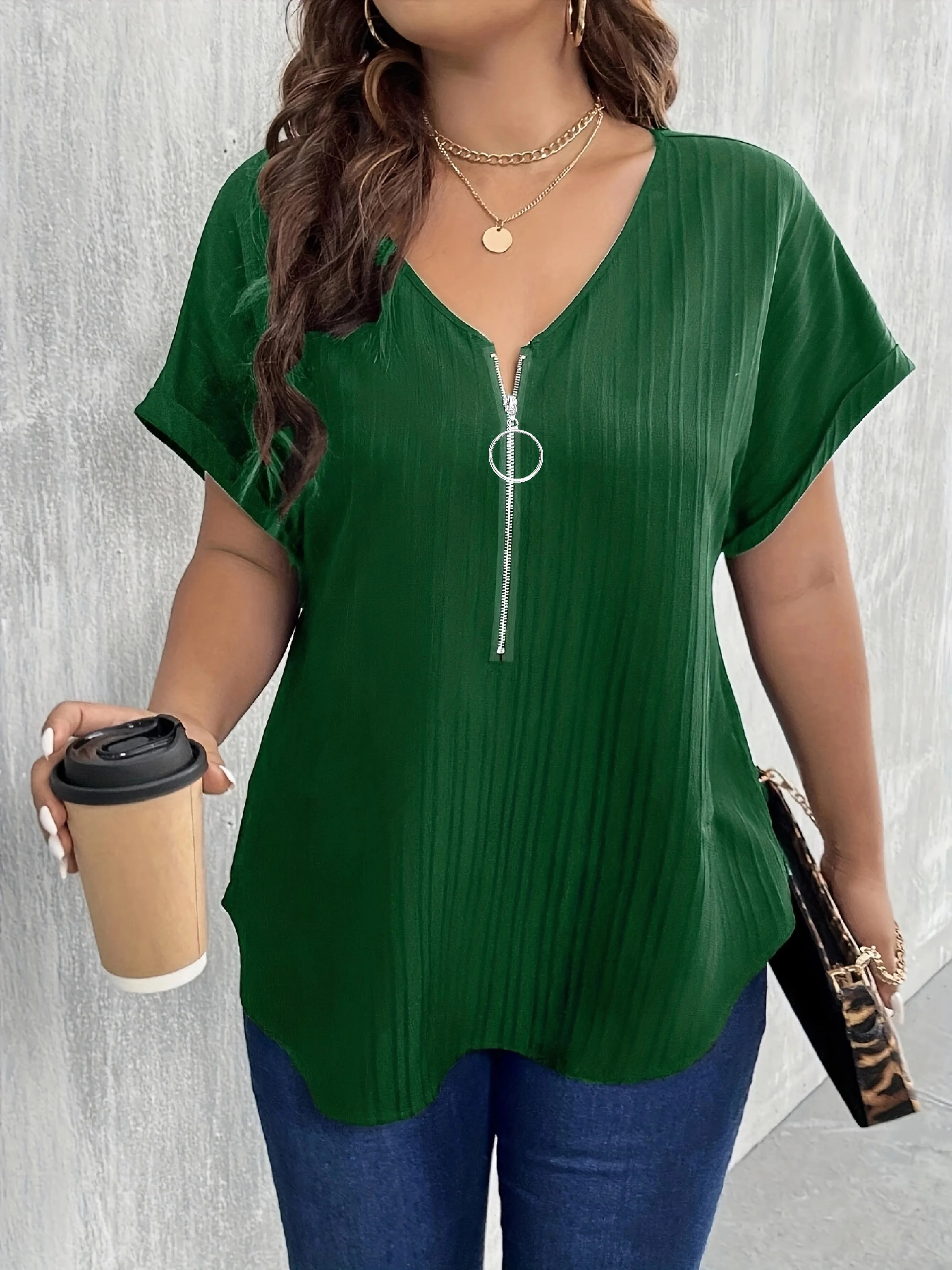 Plus Size 1XL-8XL Summer Women\'s Simple Solid Color T-shirt Tops Ladies Fashionable V-neck Short Sleeved Zippered T-shirt