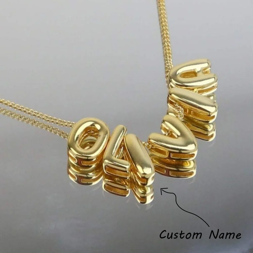 

Customized Name Beads Necklace 3D Letter Pendant 18K Gold Plated Personalized Necklaces Gift for Girlfriend Initial Alphabet A-Z