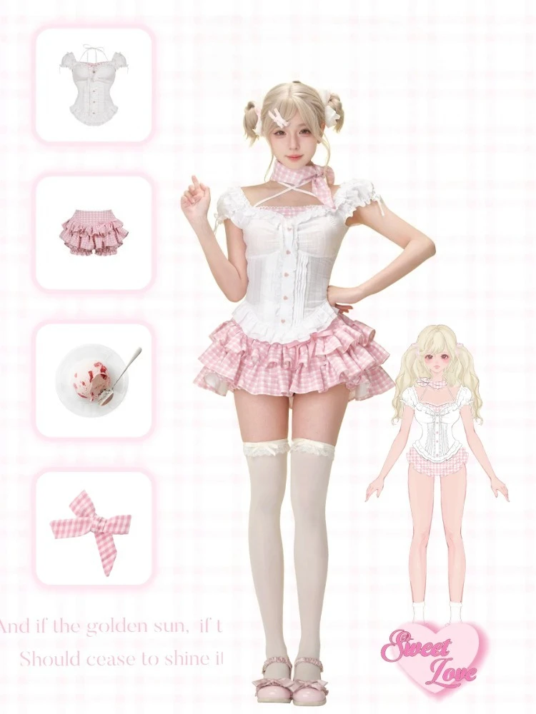 Summer Japanese Kawaii Lolita Elegant 2 Piece Sets Women Pink Y2k Bow Design Mini Skirt Suit Female Princess Sweet Chic Outfits
