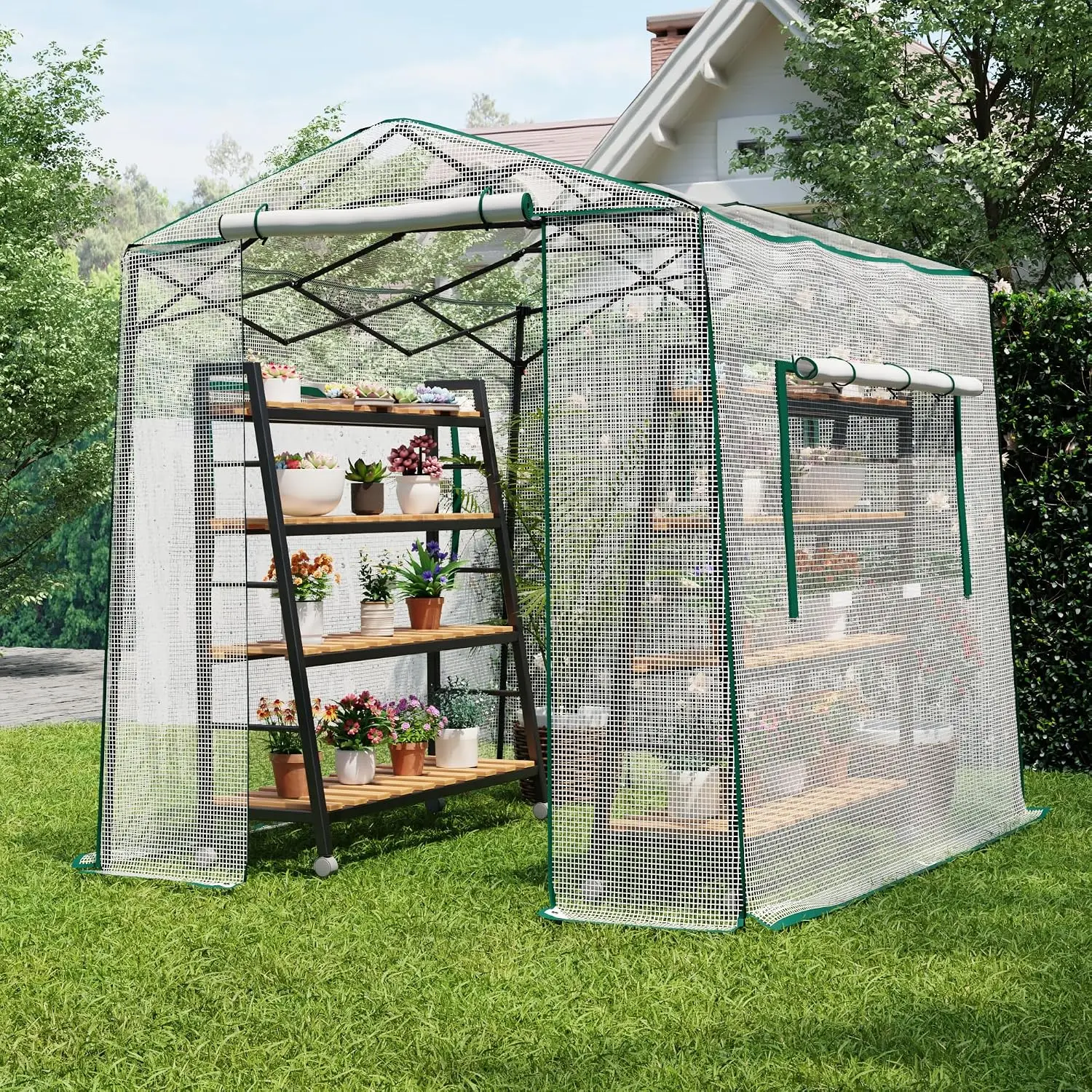 Walk-in Greenhouse with Zipper Windows & Doors, PE Cover & Steel Frame, for Garden & Backyard, 8.7x6.6x7 ft, Customized