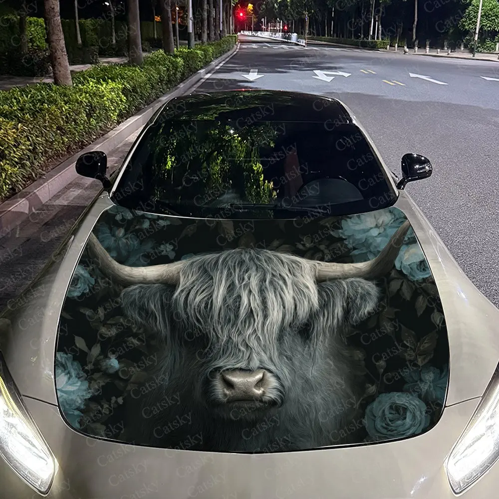 ملصقات غطاء السيارة Blue Rose Highland Cattle، سهلة الإزالة ومتينة لقطع غيار السيارات، ملصقات غطاء محرك السيارة من مادة PVC، وات ذاتية اللصق #4