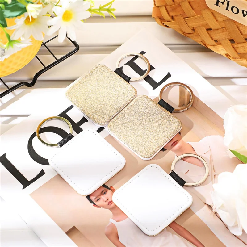 16 Pcs Sublimation Blanks Keychain Glitter PU Leather Keychain Heat Transfer Keyring For DIY Crafts Making,Square Durable-B09B