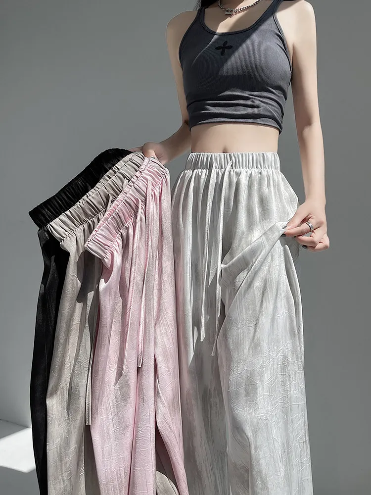 2026 Summer Women Ice Silk Acetate Satin Pants Ink Tie Dye Casual Wide Leg Tall Straight Draped Floor Length Trousers