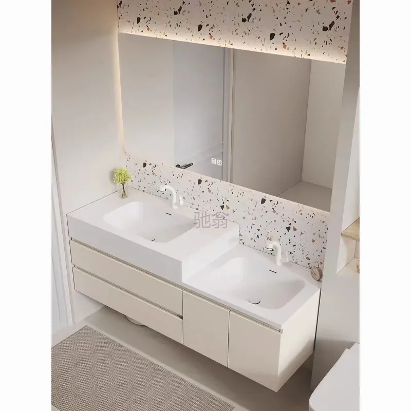 3L Corian Integrated Double Basin Solid Wood Bathroom Cabinet High Low Parent Child Washbasin Vanity Unit for Hand Washing