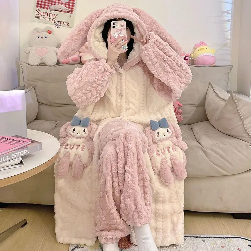 Sanrio Kit Girl Coral Fleece Thickening Hooded Cloak Trousers Robe Suit Winter Kawaii My Melody Comic Student Keep Warm Pajamas